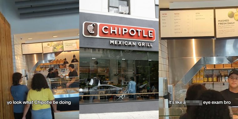 Chipotle menu with caption 'yo look what Chipotle be doing' (l) Chipotle sign on building (c) Chipotle menu with caption 'it's like a blank eye exam bro' (r)