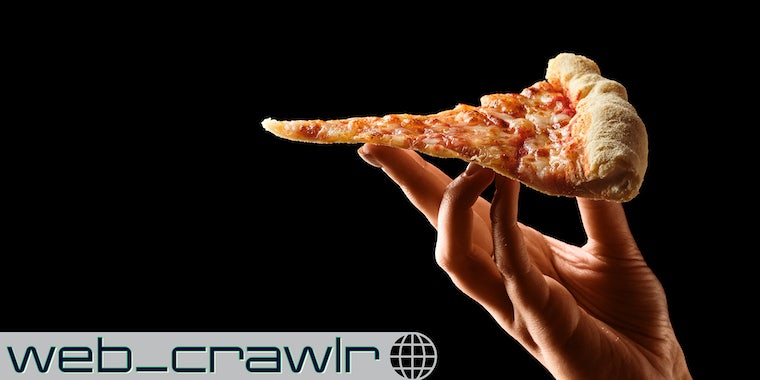 A person holding a piece of pizza. The Daily Dot newsletter web_crawlr logo is in the bottom left corner.