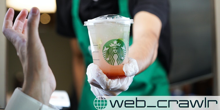 A Starbucks barista handing a person a drink. The Daily Dot newsletter web_crawlr logo is in the bottom right corner.