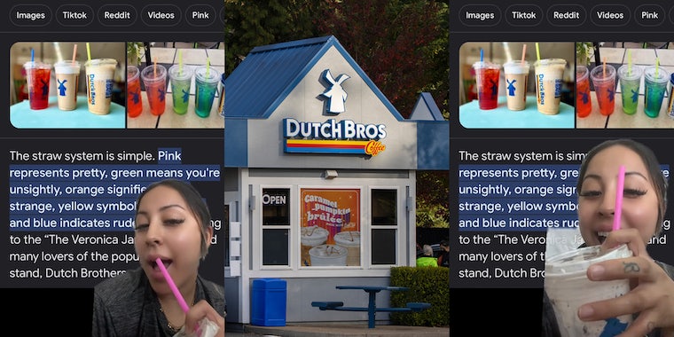 DutchBros customer with drink greenscreen TikTok over Google search of straw code (l) DutchBros building with sign (c) DutchBros customer with drink greenscreen TikTok over Google search of straw code (r)