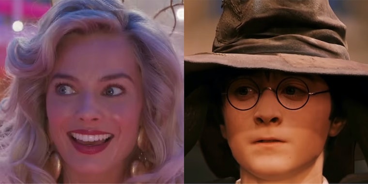 Margot Robbie as Barbie in Barbie (l) Daniel Radcliffe as Harry Potter in Harry Potter and the Philosopher's Stone (r)
