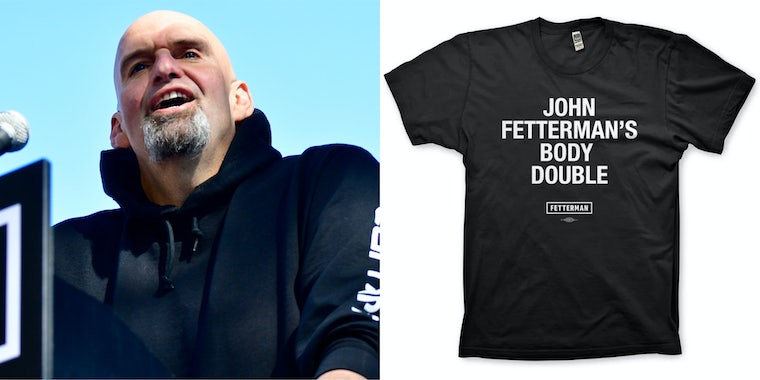 John Fetterman speaking into microphone outside (l) JOHN FETTERMAN'S BODY DOUBLE black shirt in front of white background (r)