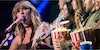 Taylor Swift singing into microphone (l) movie theater audience watching movie eating popcorn (r)
