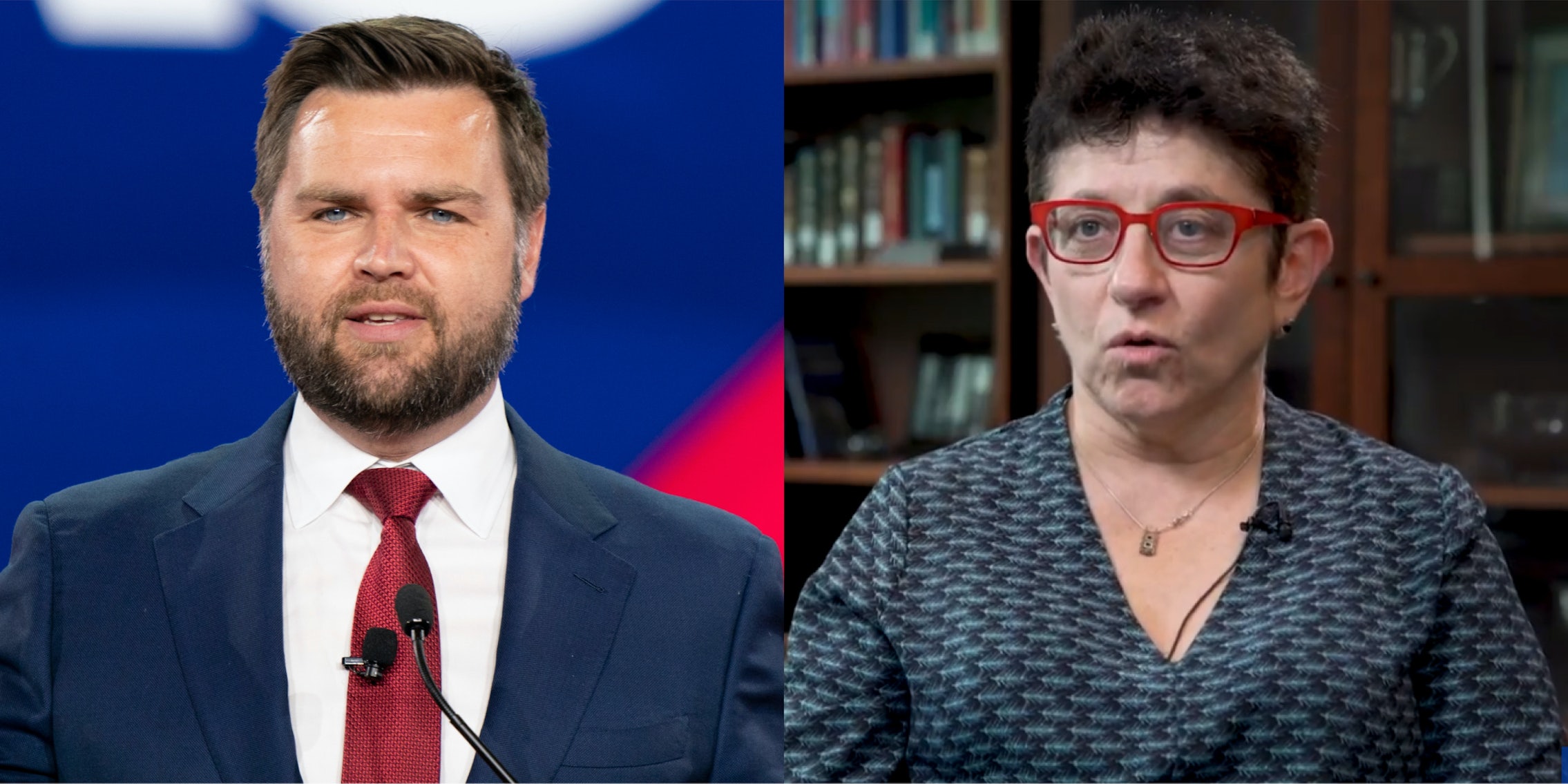 JD Vance speaking in front of blue background (l) Gigi Sohn speaking in front of bookshelf (r)