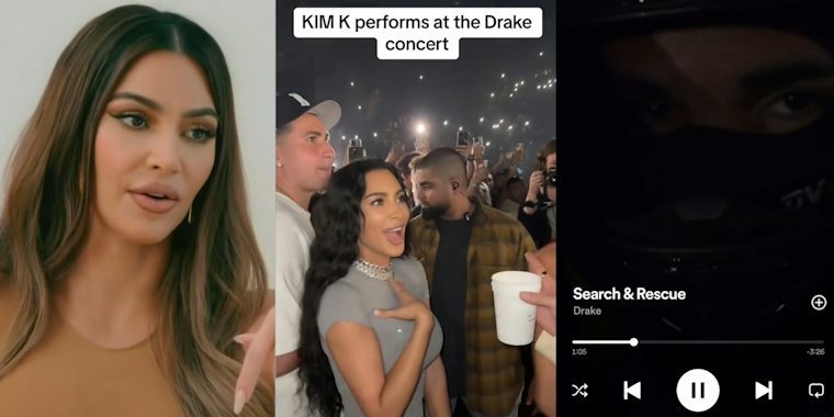 Kim Kardashian speaking in front of white wall in Keeping up with the Kardashians (l) Kim Kardashian singing at Drake concert with caption 'KIM K performs at the Drake concert (c) Drake song Search & Rescue on Spotify (r)