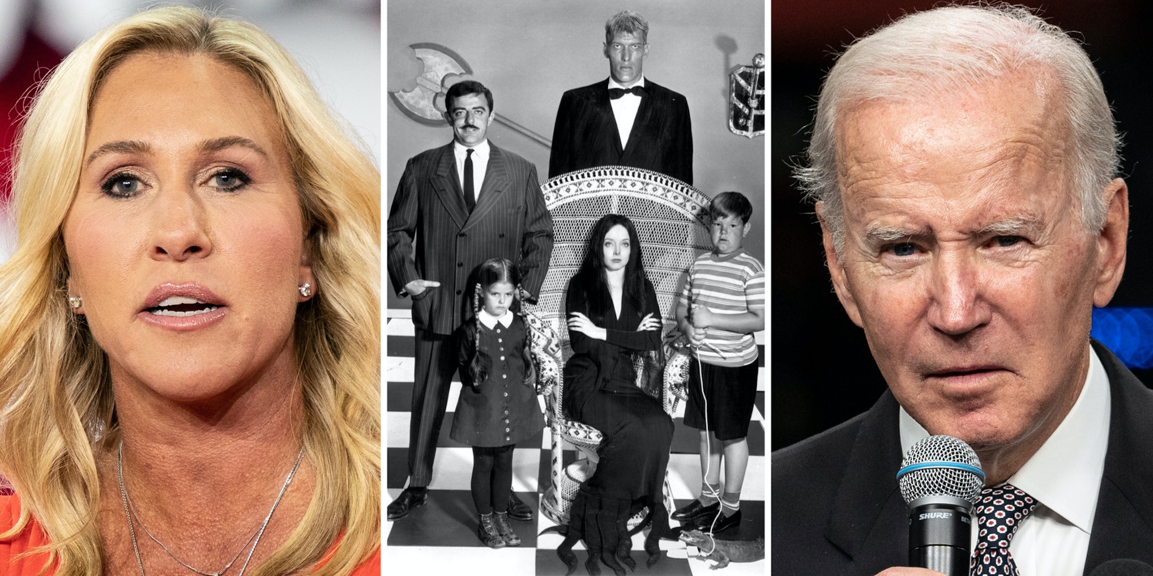 Majorie Taylor Green(l), Addams Family(c), Joe Biden(r)