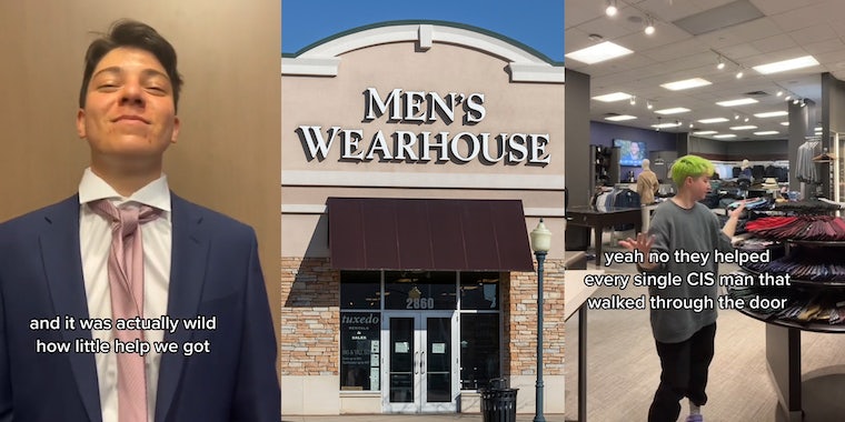 Men's Warehouse customer with caption 'and it was actually wild how little help we got' (l) Men's Warehouse sign on building (c) Men's Warehouse customer with caption 'yeah no they helped every CIS man that walked through the door' (r)