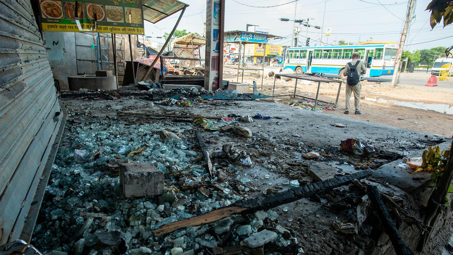 Sohna, Haryana, India-August 3 2023: vandalized and burnt shops along Ambedkar chowk in Sohna after communal violence, Communal clashes broke out in the predominantly muslim Nuh district of Haryana.