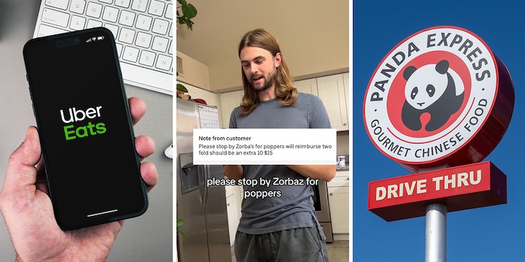 hand holding phone with Uber Eats on screen (l) Uber driver with caption 'please stop by Zorbaz for poppers' (c) Panda Express sign (r)