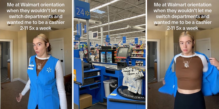 Walmart worker with caption 'Me at Walmart orientation when they wouldn't let me switch departments and wanted me to be a cashier 2-11 5x a week' (l) Walmart checkout (c) Walmart worker with caption 'Me at Walmart orientation when they wouldn't let me switch departments and wanted me to be a cashier 2-11 5x a week' (r)