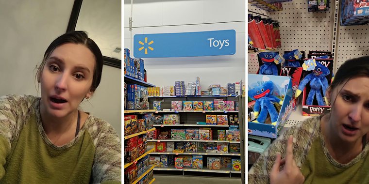Walmart shopper speaking (l) Walmart toy section (c) Walmart shopper greenscreen TikTok over image of Poppy toy on Walmart shelf (r)