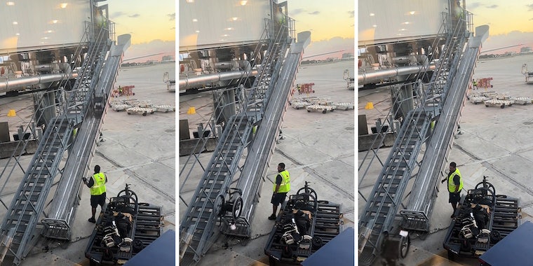workers with wheelchair rolling fast down ramp at airport (l) workers with wheelchair flipping over ramp at airport (c) workers with wheelchair crashing off of ramp at airport (r)